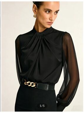 Commense Sheer Sleeve Twist Front Satin Blouse